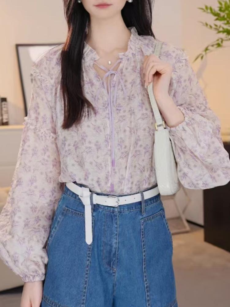 Áo sơ mi dài tay nữ hai lớp phối ren hoa nhí, chất liệu mềm mại — Bột hoa anh đào - Hoa nhỏ