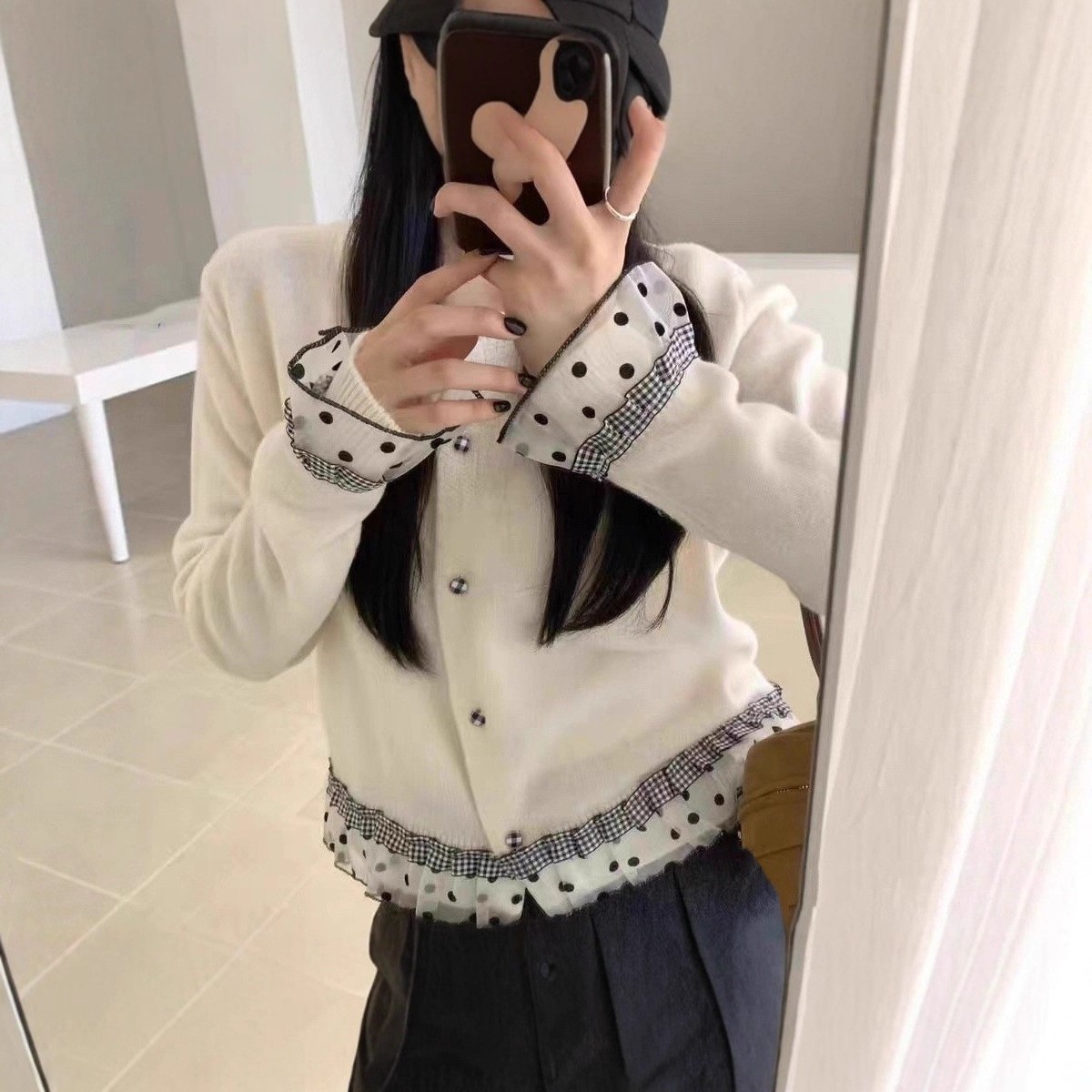 大小姐韩系波点蕾丝花边拼接长袖爆款针织开衫女秋季新款时髦外套