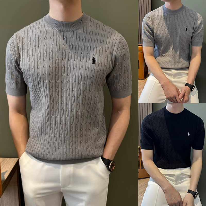 Camiseta de punto de manga corta camiseta masculina marcas de caballo bordadas viejas flores de negocios de hielo seda fábrica de verano transfronteriza al por mayor