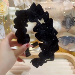 絲絨蝴蝶褶皺發箍女小香風高級感新款寬邊頭箍飾品高顱頂外出百搭