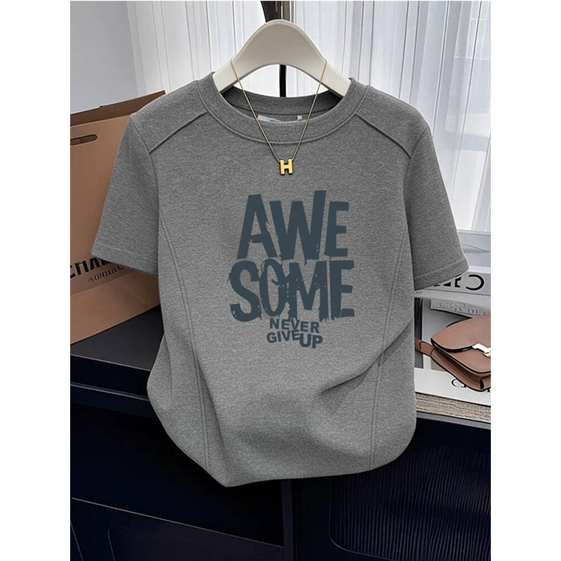 2026 New Style Straight Shoulder Pure Cotton Short-Sleeve T-Shirt for Women, Slim Fit, Slimming Gray Base Shirt, Summer Top