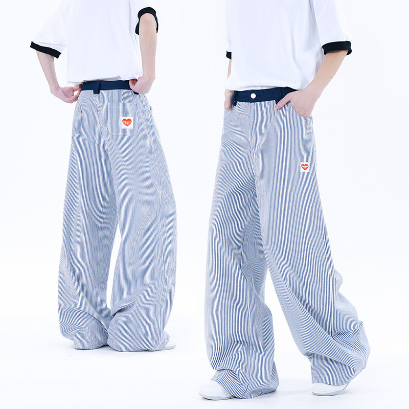 Teenager American retro striped heart-embroidered casual pants, summer patchwork loose straight-leg trousers, unisex