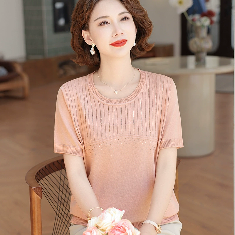 Мама летняя рубашка с короткими рукавами из ледяного шелка трикотажный топ 2025 новая женская футболка среднего и пожилого возраста с круглым вырезом