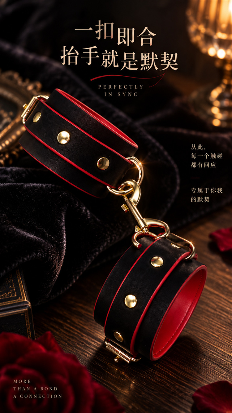 Adult Couples Bondage Restraint Kit in PU Leather with Metal Handcuffs, Black-Red — detail image 30