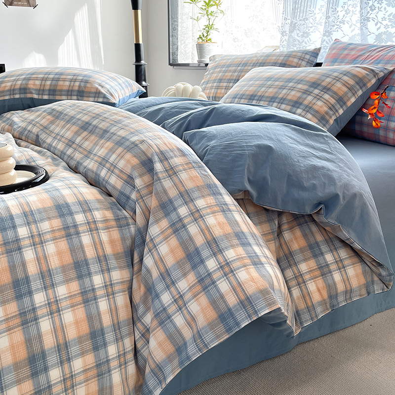 Cama de algodón lavado de algodón de cuatro piezas, sábana de algodón, funda de edredón, dormitorio de estudiantes, ropa de cama de tres piezas, ropa de cama