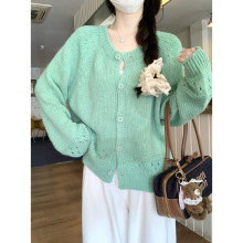 实拍 秋冬韩版慵懒宽松镂空插肩圆领马海毛毛衣针织开衫外套女装