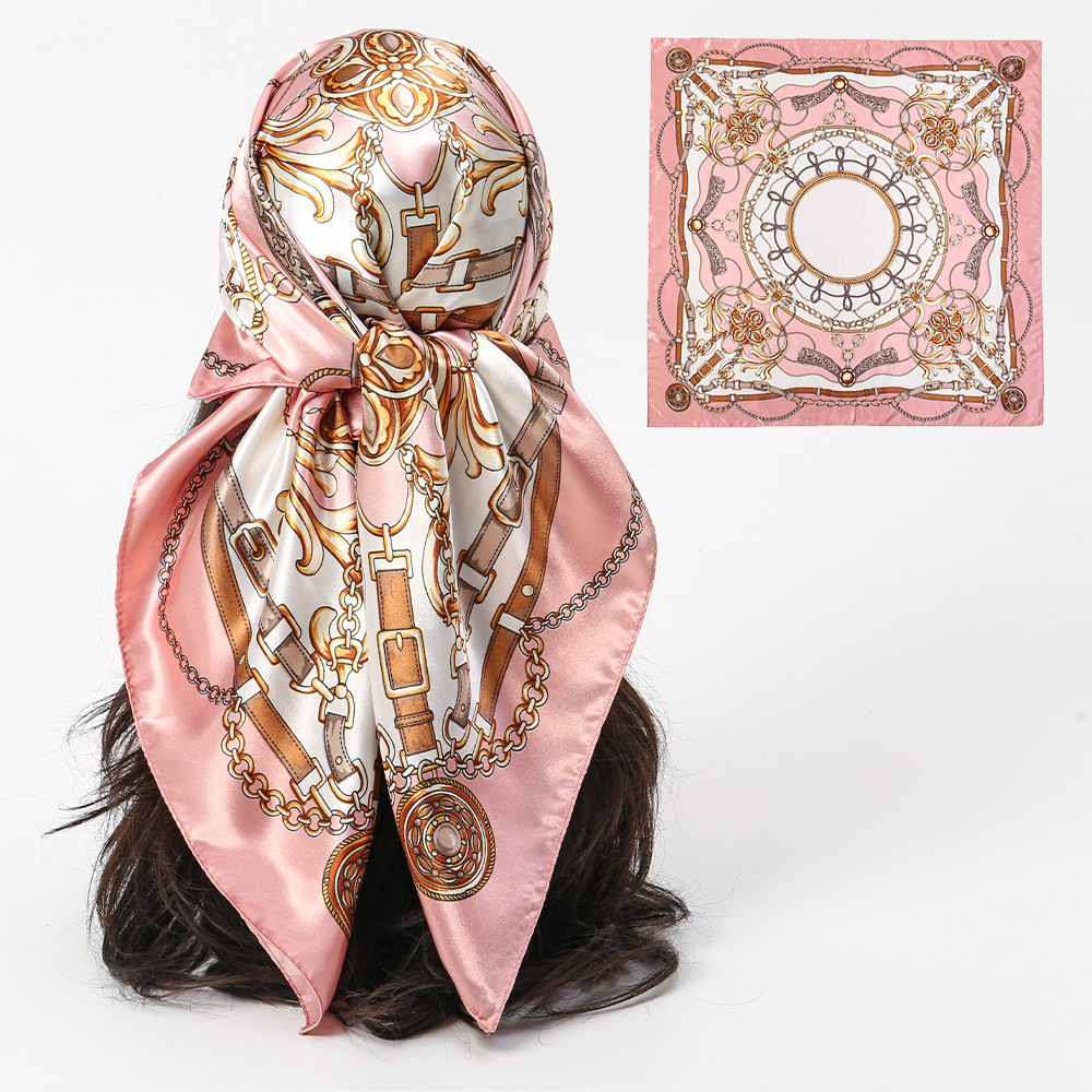 Dulce y fresco diseño 90 satinado bufanda cuadrada brillante y flexible elemento de cadena arte cuello tendencia bufanda de seda para mujer bufanda cuadrada
