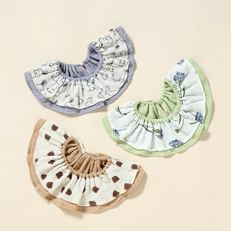 婴幼儿纯棉纱布双层圆形口水巾宝宝围嘴可调节360度花瓣旋转围兜