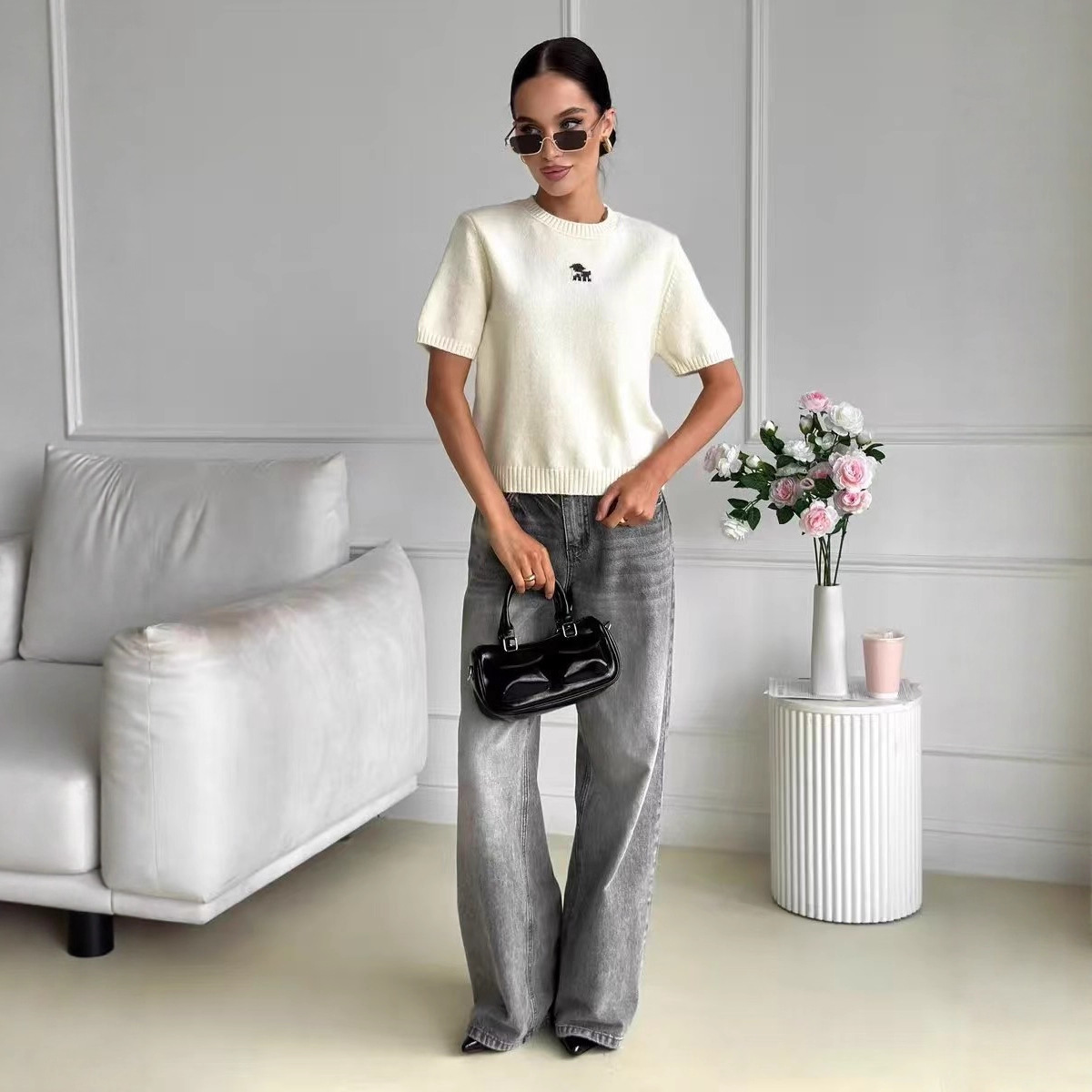 2026春季修身短款毛织短袖上衣女外穿百搭ins风圆领套头T恤女装