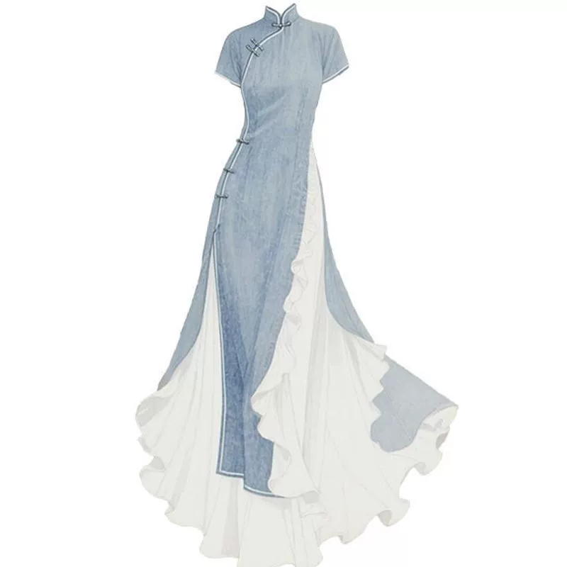 YEVA Новое джинсовое платье-двойка в китайском стиле с пуговицами Cheongsam, новое летнее длинное платье для похудения талии 2025 года.