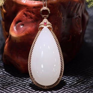 Fubei Diamond Jewelry [18K Gold Inlaid with Hetian Mutton Fat White Jade Water Drop Pendant] Bare Stone 25*50mm Qinghai Old Material