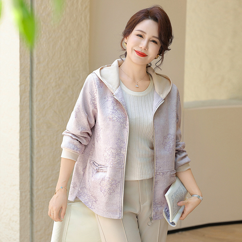 妈妈秋装2025新款连帽外套中老年女装休闲上衣春秋拉链风衣夹克衫|undefined