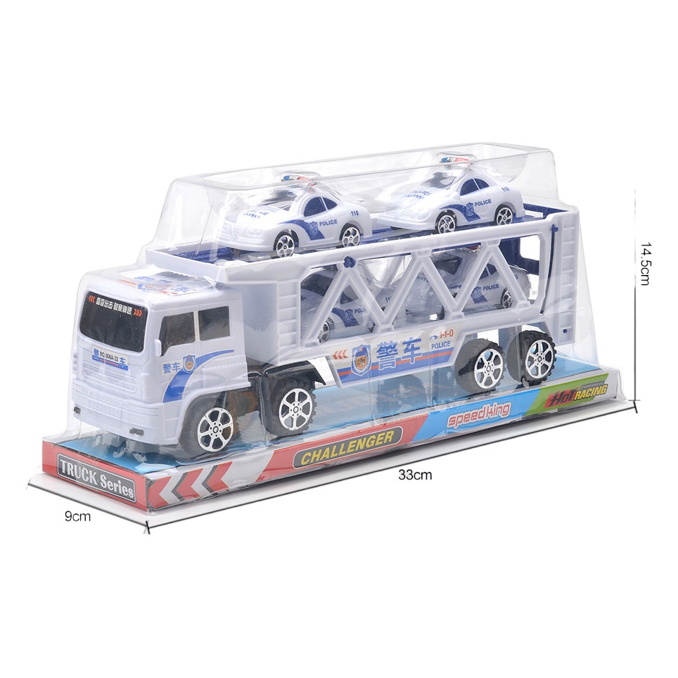 Modelo de simulación para niños del sudeste asiático juguete de coche de contenedor con 5 deslizamiento modelo de coche de policía inercia remolque de doble capa