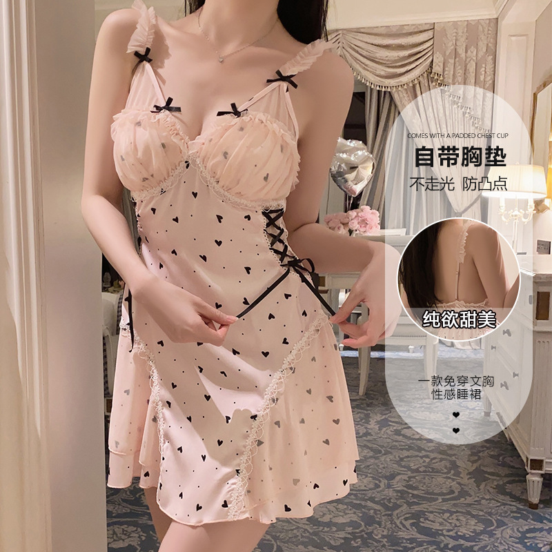 Guiruo Hot Deep V Plus Chest Pad Pajamas Sweet Perspective Lace Sexy plus size Nightgown Home Clothes suit 4902