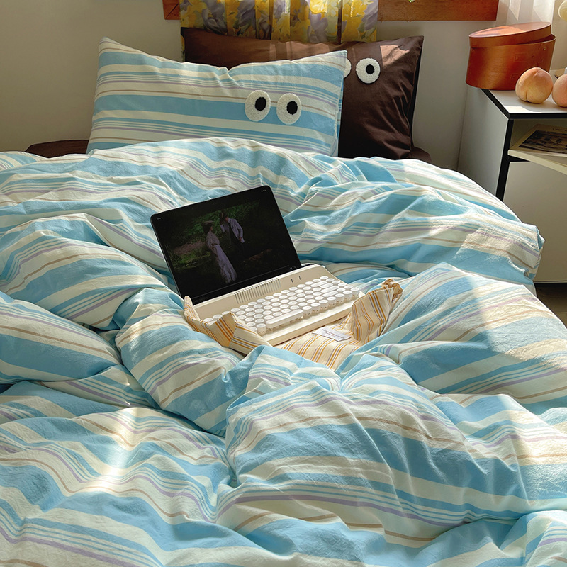 Casual Stripesd Four-piece Set of Pure Cotton Yarn-dyed Washed Cotton Bed Sheets, Fitted Bed Sheets and Quilt Covers, Three-piece Student Dormitory Bed Set