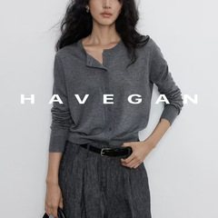 与间HAVEGAN/秋季圆领长袖针织开衫女薄款外穿宽松慵懒老钱风上衣