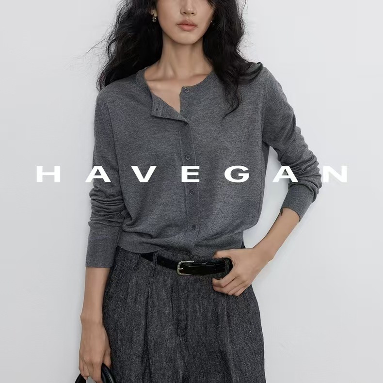 Havegan/Autumn Round Neck Long-Sleeved Knitted Cardigan Women's Thin Outer Wear Loose Lazy Old Money Style Top