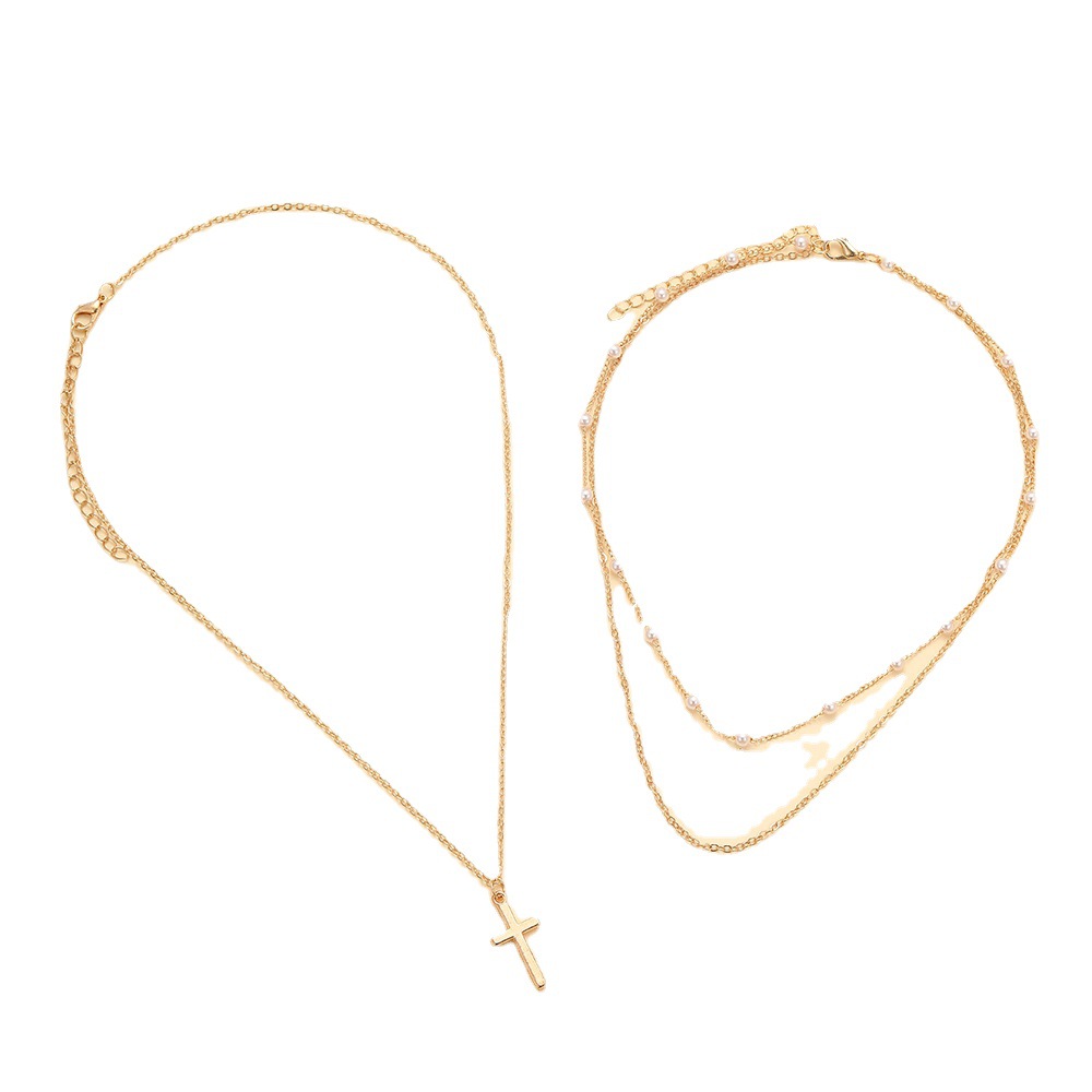new artificial Pearl clavicle chain creative cross pendant necklace retro Multilayer Stacked necklace_voghion.com