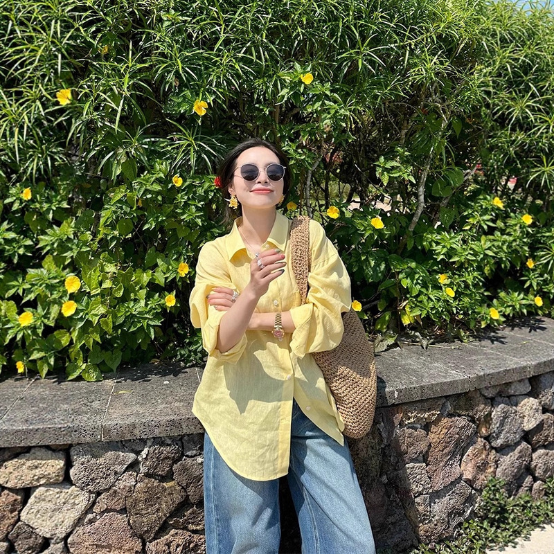 Yellow 100 Cotton and Linen Shirt for Women 2025 Spring & Fall Korean Style Versatile Thin Sun Protection Shirt Chic Top
