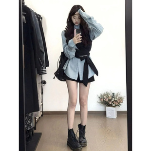 Ins style super fairy temperament women's two-piece suit spring and autumn new waist thin strap vest stacked with Denim lining...