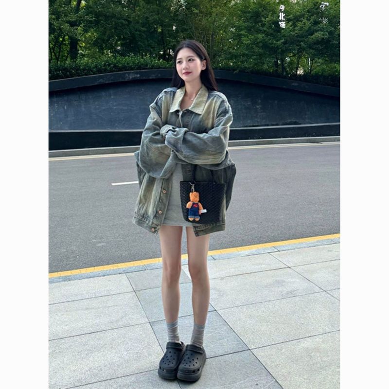 美式复古炸街牛仔外套女秋季新款宽松设计感水洗做旧工艺上衣质感|undefined