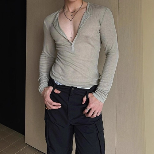 Abstinence-Style Slim-Fitting Sheer Blouse with a Lazy Vibe, Henley Collar Long-Sleeve T-Shirt, Unisex Lightweight and Sheer Base Layer for Layering Abstinence-Style Slim-Fitting Sheer Blouse with a Lazy Vibe, Henley Collar Long-Sleeve T-Shirt, Unisex Lightweight and Sheer Base Layer for Layering