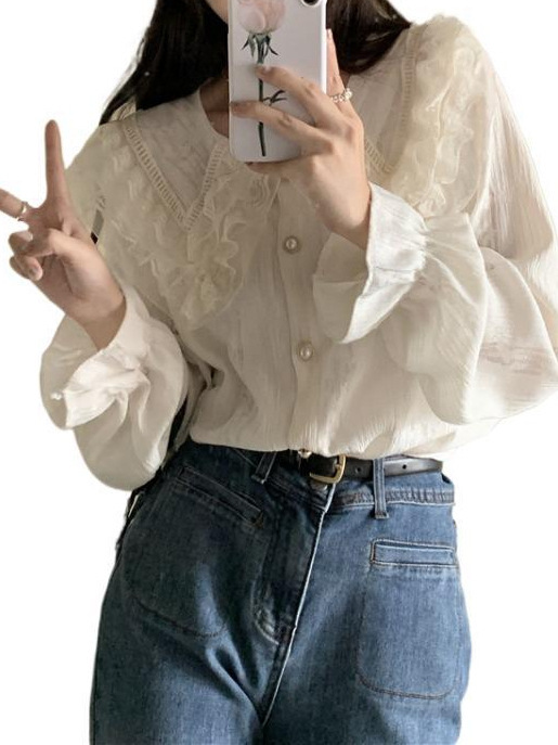 娃娃领衬衫女超仙气质蕾丝春秋季设计感小众法式别致漂亮打底衬衣|undefined