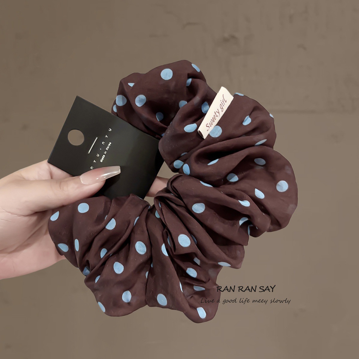 Korean Style Retro Polka Dot Coffee Color Large Scrunchie For Women New High-end Tie Ponytail Holder Elastic Hair Band_voghion.com