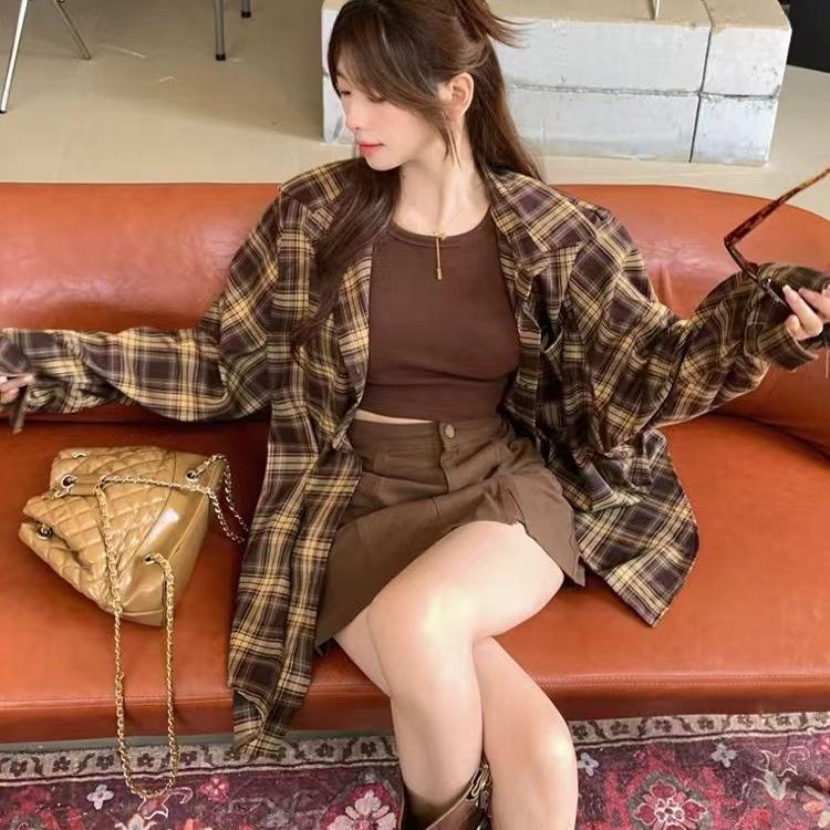 格子长袖衬衫女士春秋季2025新中长款宽松慵懒设计感开衫外套上衣|undefined