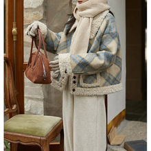 格子复古羊羔毛呢外套女2025冬季新款拼接设计感小众加厚呢子大衣