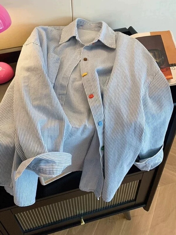 蓝色条纹长袖衬衫女春季上衣2025新款宽松设计感复古撞色外套衬衣|undefined
