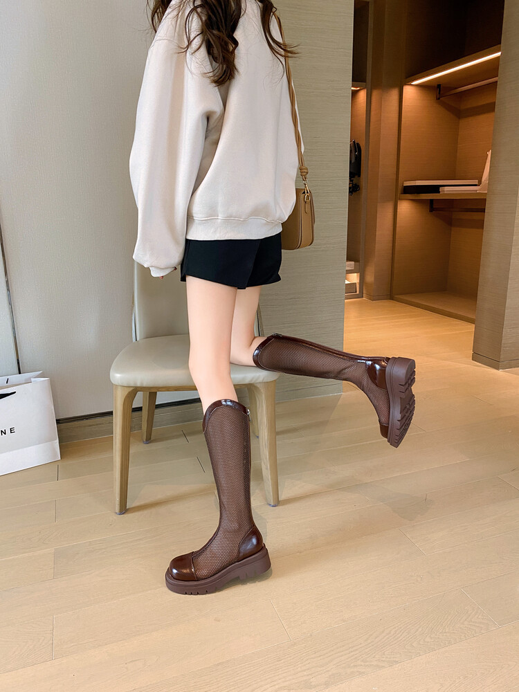 Boot nữ da lưới thoáng khí mùa hè, đế dày rỗng, ống rộng cho chân to — Màu nâu ống lớn, Màu đen cổ ống lớn, Ống nhỏ màu đen, Ống nhỏ màu be chi tiết 16