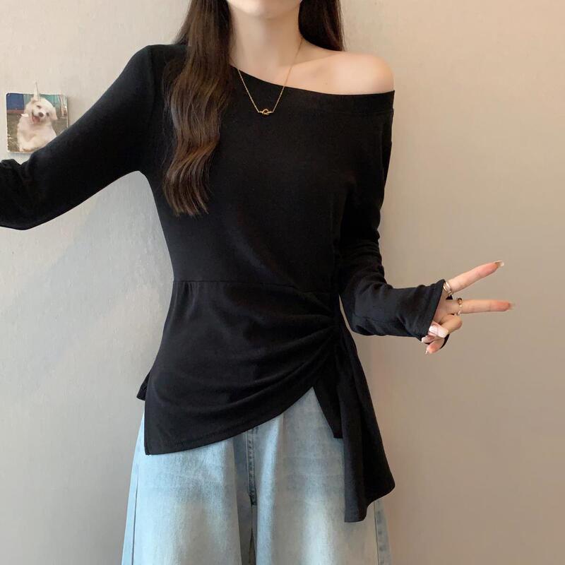 大码女装2025秋季新款不规则设计感收腰条纹甜辣长袖T恤黑色|undefined