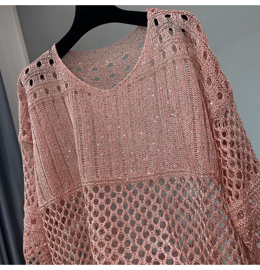 Frühling neue hohle Pailletten bluse mittellanger Strick pullover Goldthread helles Seiden-Sonnenschutz hemd – Detail 11