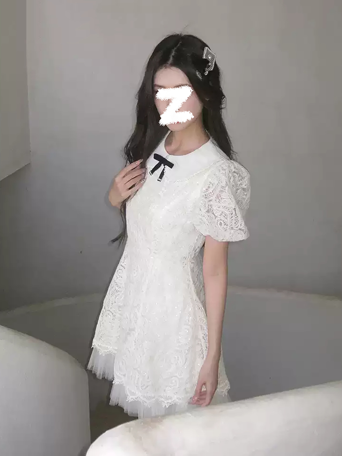 Đầm maxi nữ thắt eo cổ bèo ren tay bồng thiết kế phối nơ — màu trắng ngà chi tiết 1