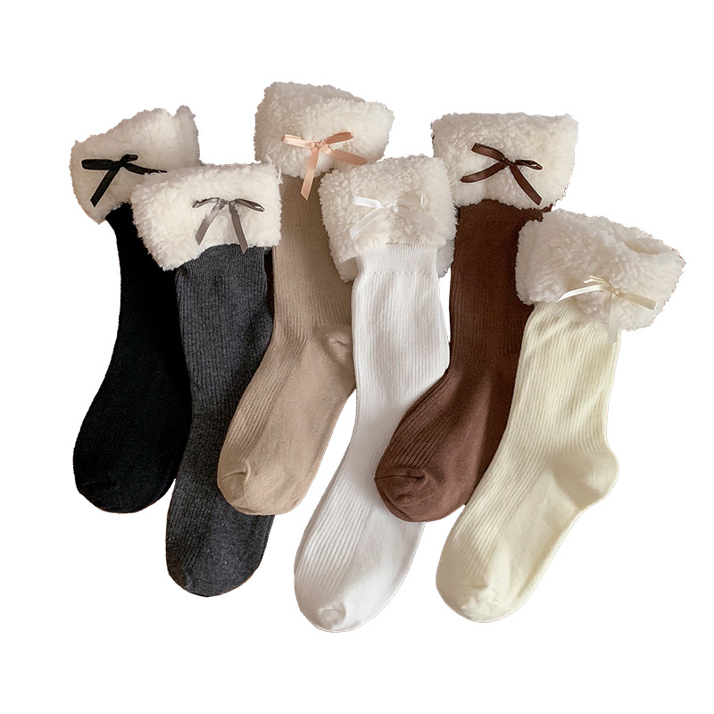 Peludo para niños invierno y otoño arco Lolita media calcetines lindas niñas calcetines de algodón cálido de cordero blanco