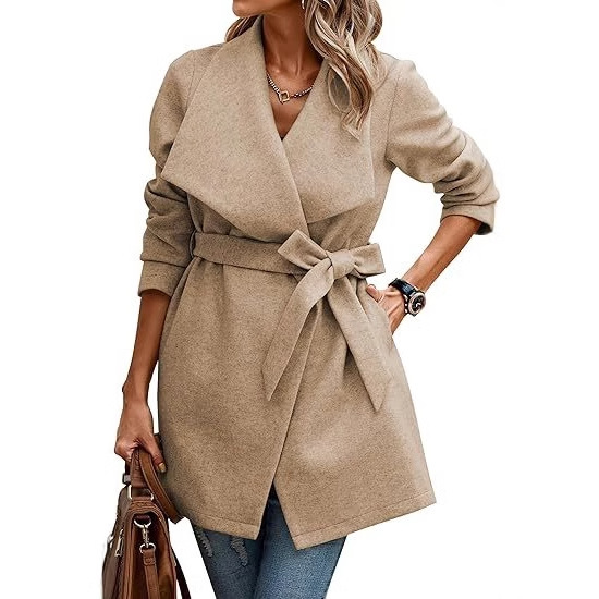 2024 casual lapel mid-length front cardigan pea coat wool-blend coat with belt