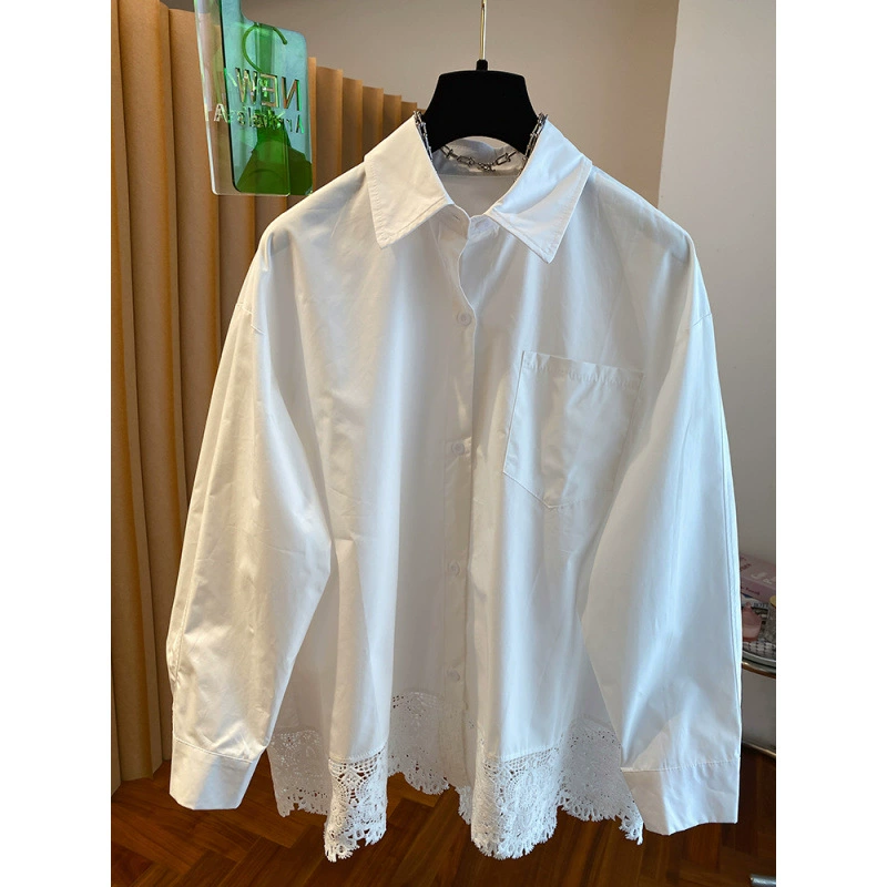 Белая кружевная весенняя хлопковая рубашка oversize