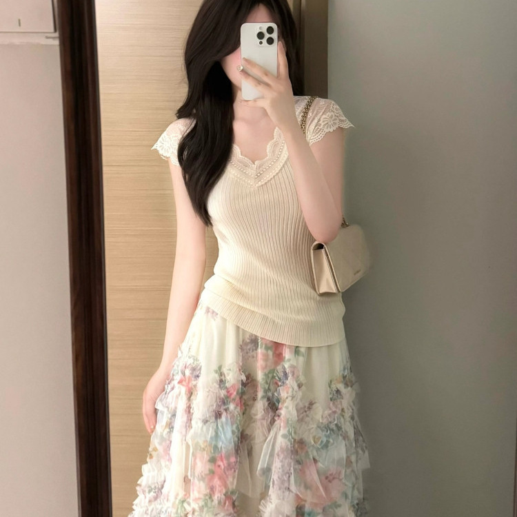 Unique and Beautiful Early Summer Outfits Dopamine Floral Mesh Skirt Paired with a Small Jacket Printed Long Skirt Women's Skirt