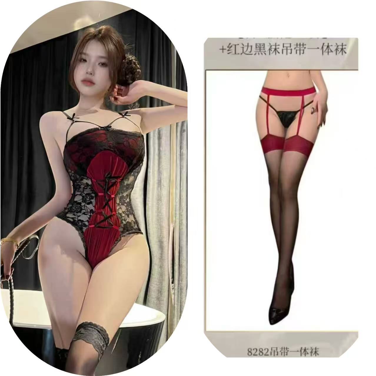 버건디 [원피스] + 블랙 가터 스타킹