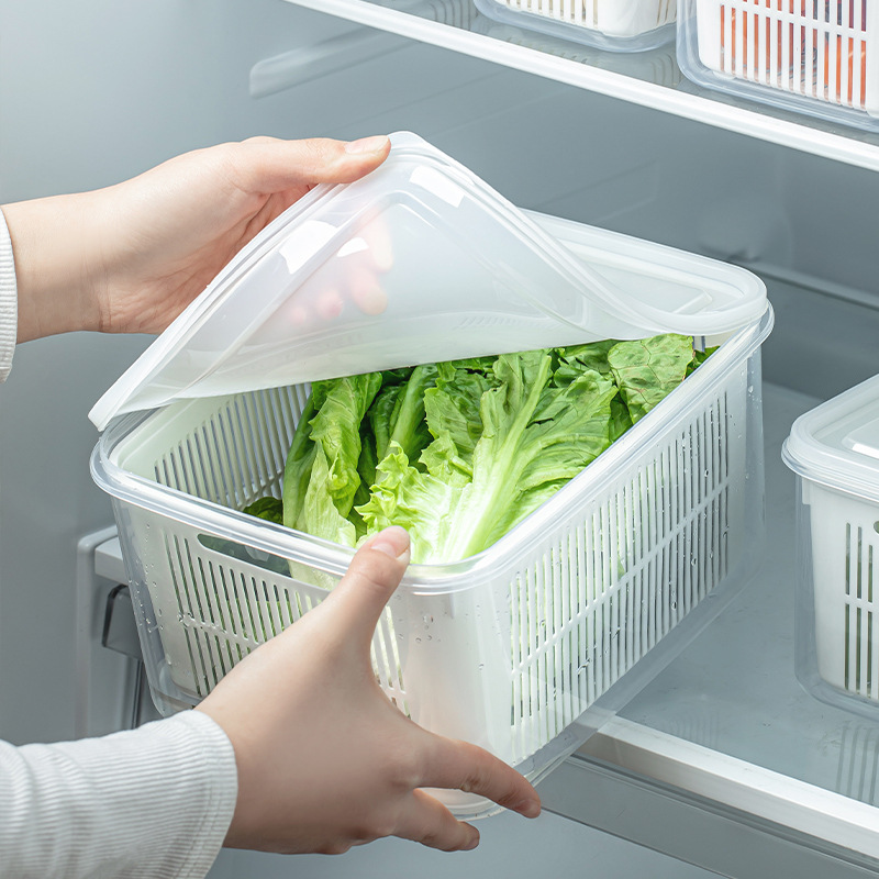 Caja de almacenamiento del refrigerador, canasta de drenaje, caja de conservación fresca, cocina de grado alimenticio, frutas y verduras, artefacto de congelación de doble capa especial image 3