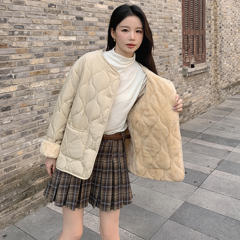 粉色羊羔绒棉衣女冬季新款韩版加厚圆领羊羔毛外套棉服棉袄一件代