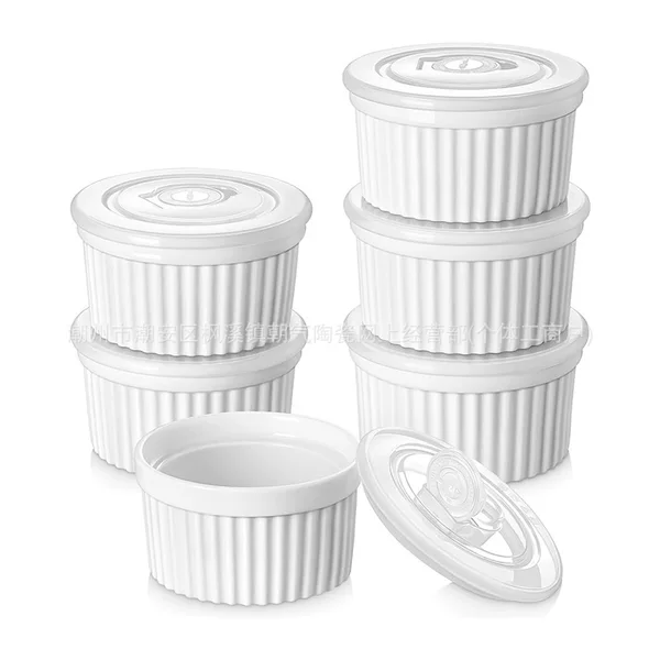 6 Pack Ceramic Baking Bowl High Temperature Oven Microwave Baking Bowl with Lid Dust-proof Time-keeping Ice-cream Bowl Porcelain Tableware