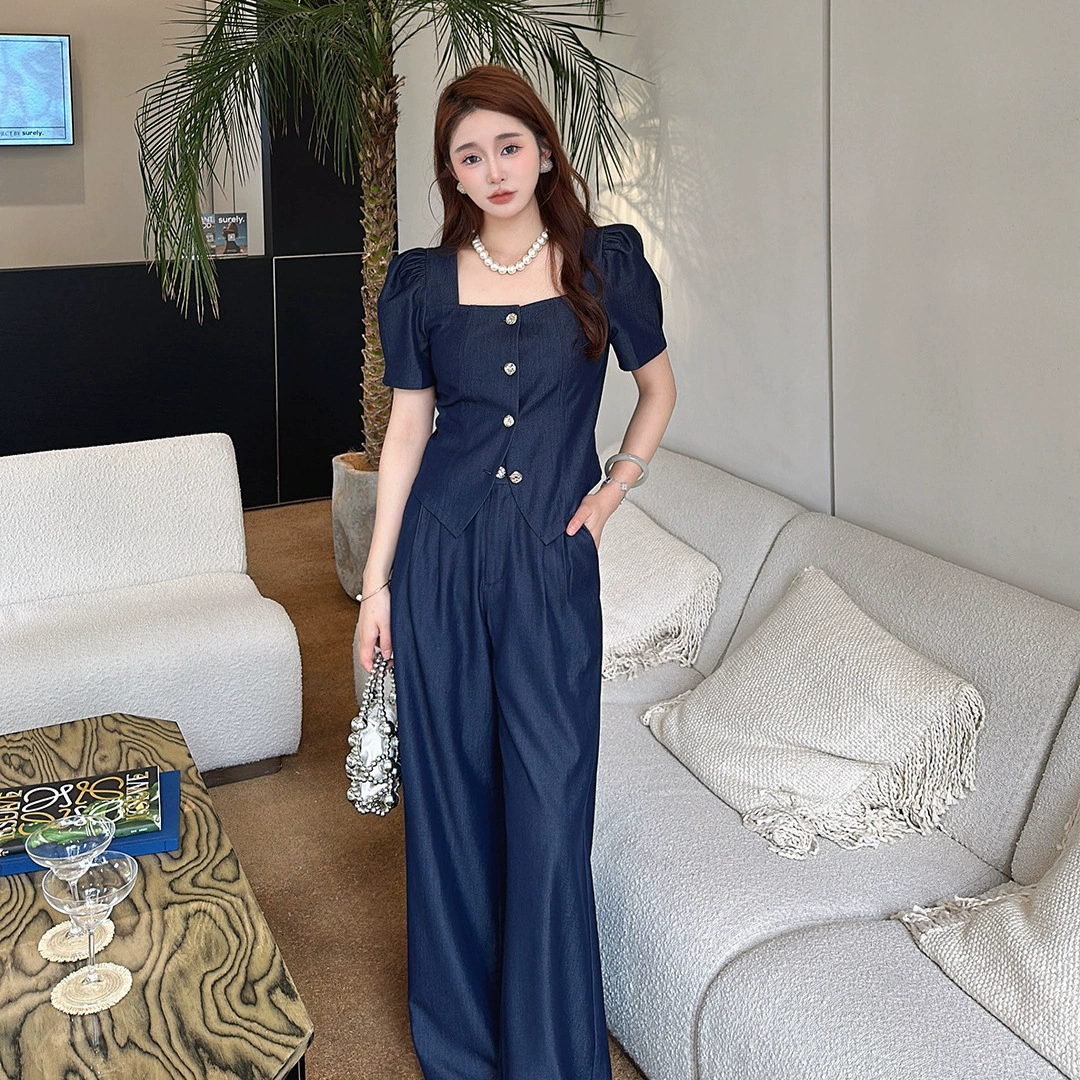 [Спот] Летний большой размер женский толстый мм имитация джинсовой рубашки с короткими рукавами топ с квадратным вырезом широкие брюки тонкая одежда 6160