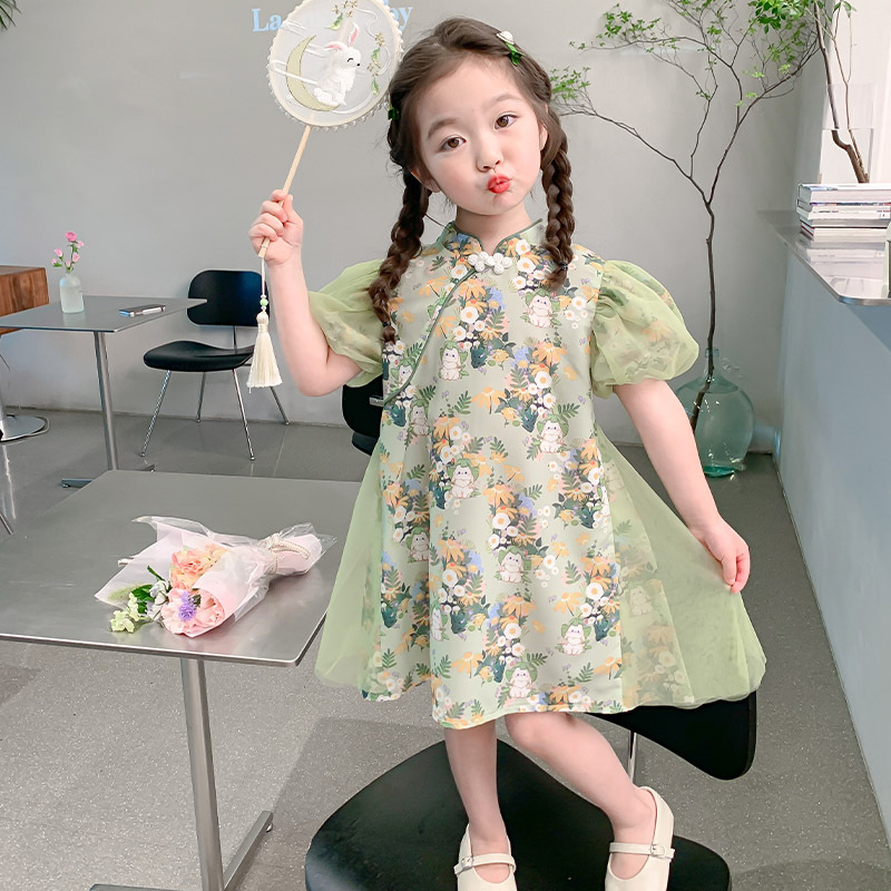 漢服女童連衣裙2024新款寶寶夏裝夏款小女孩夏季旗袍兒童網紗裙子