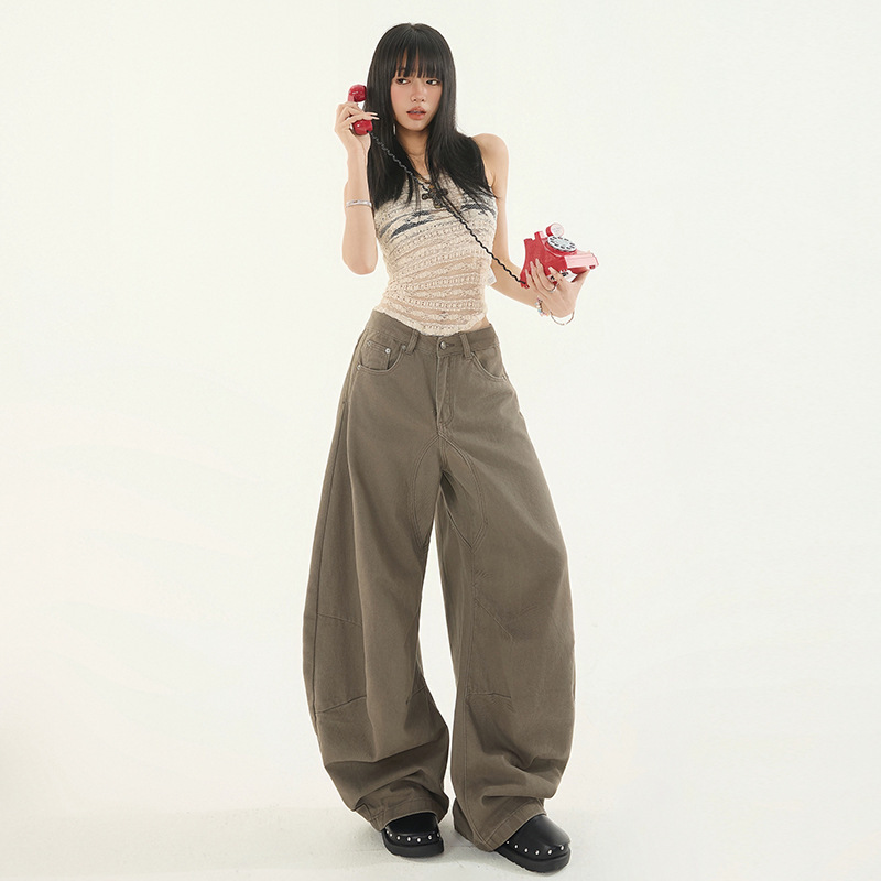 【Jinyin】4 Colors/American Retro Wide-Leg Jeans for Women, New High-End Loose Slimming Draped Scimitar Pants