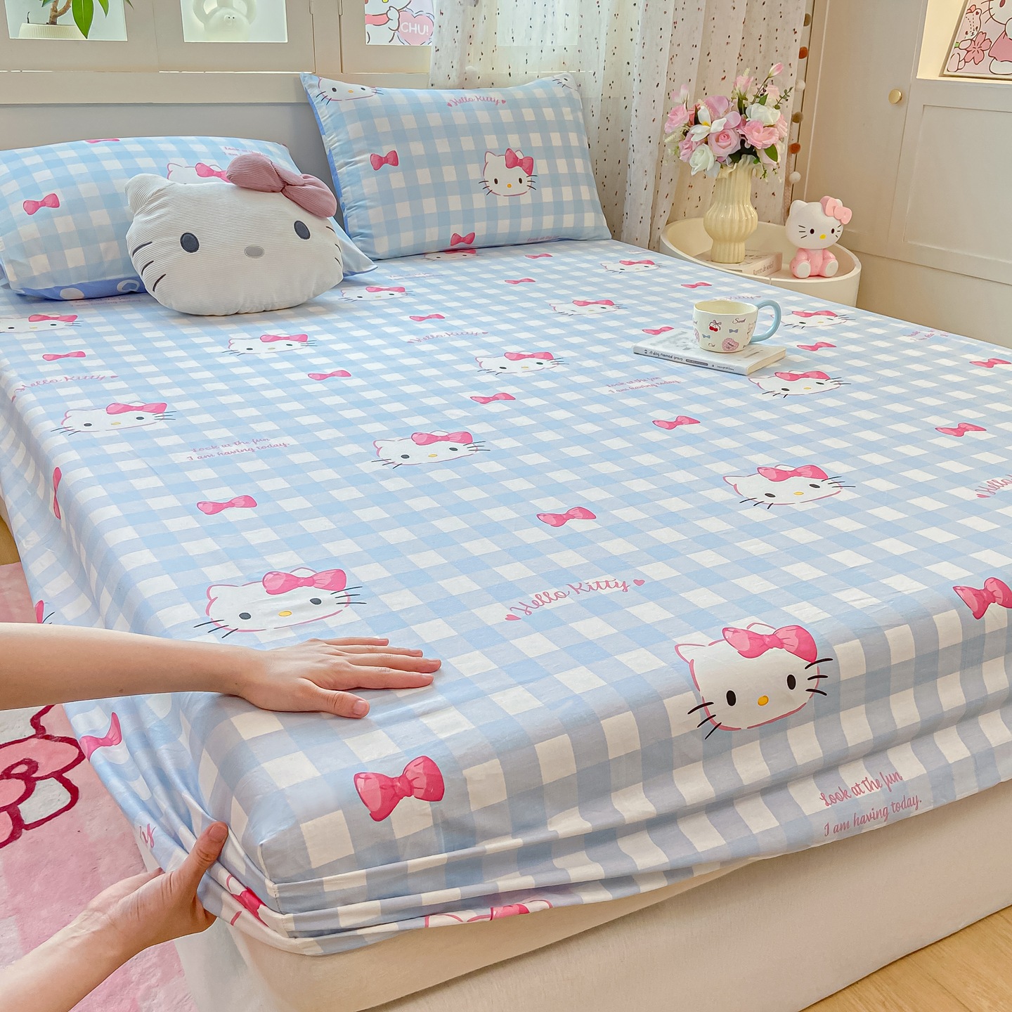 Sanrio Cartoon Pure Cotton Fitted Sheet, All-Cotton Bed Cover, Simmons Tatami Mattress Protector, Dustproof and Non-Slip Bed Cover