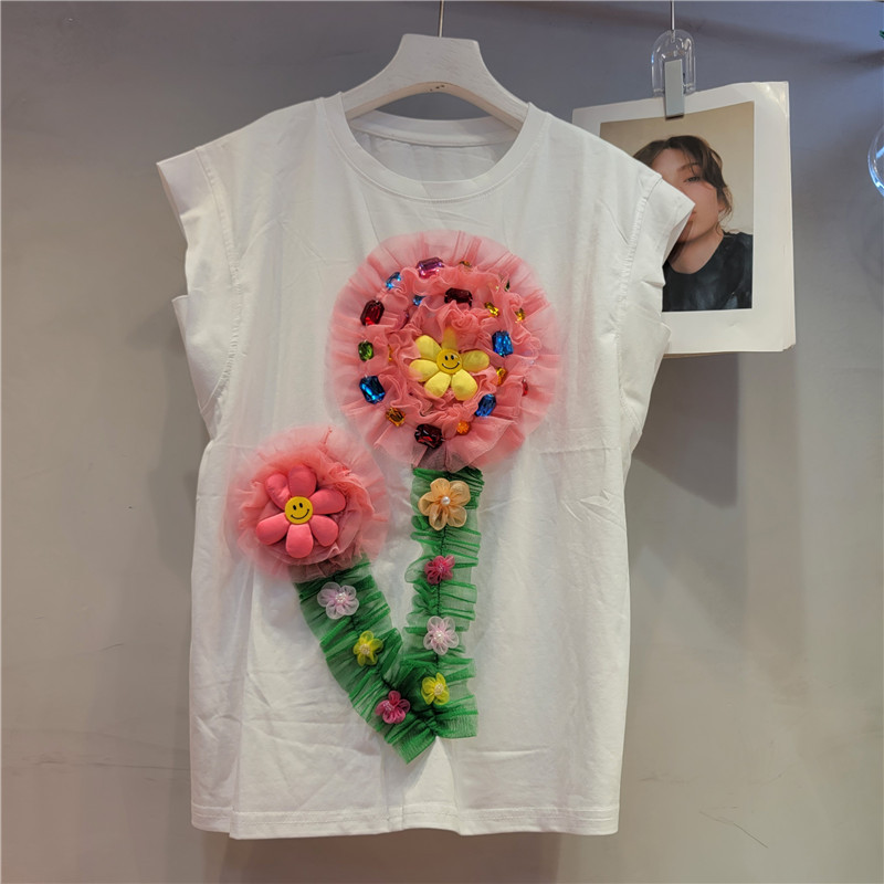 Tailandia marca de moda 2023 verano nueva moda industria pesada cuentas tridimensional malla flor superior suelta Camiseta de manga corta de las mujeres