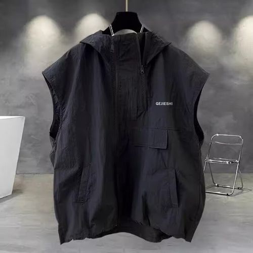 Summer workwear zipper design sleeveless T-shirt men Korean version trend casual couple hooded waistcoat vest loose