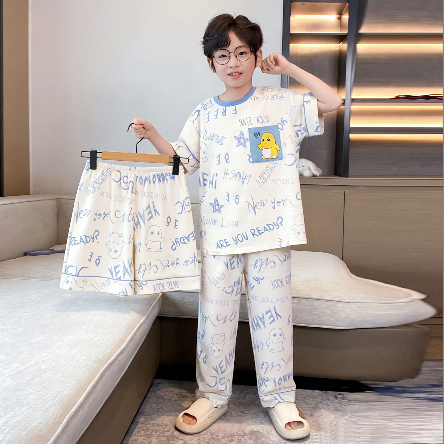 2026 nuevo pijama de verano de algodón delgado de manga corta de tres piezas de ropa de hogar para niños niños de verano